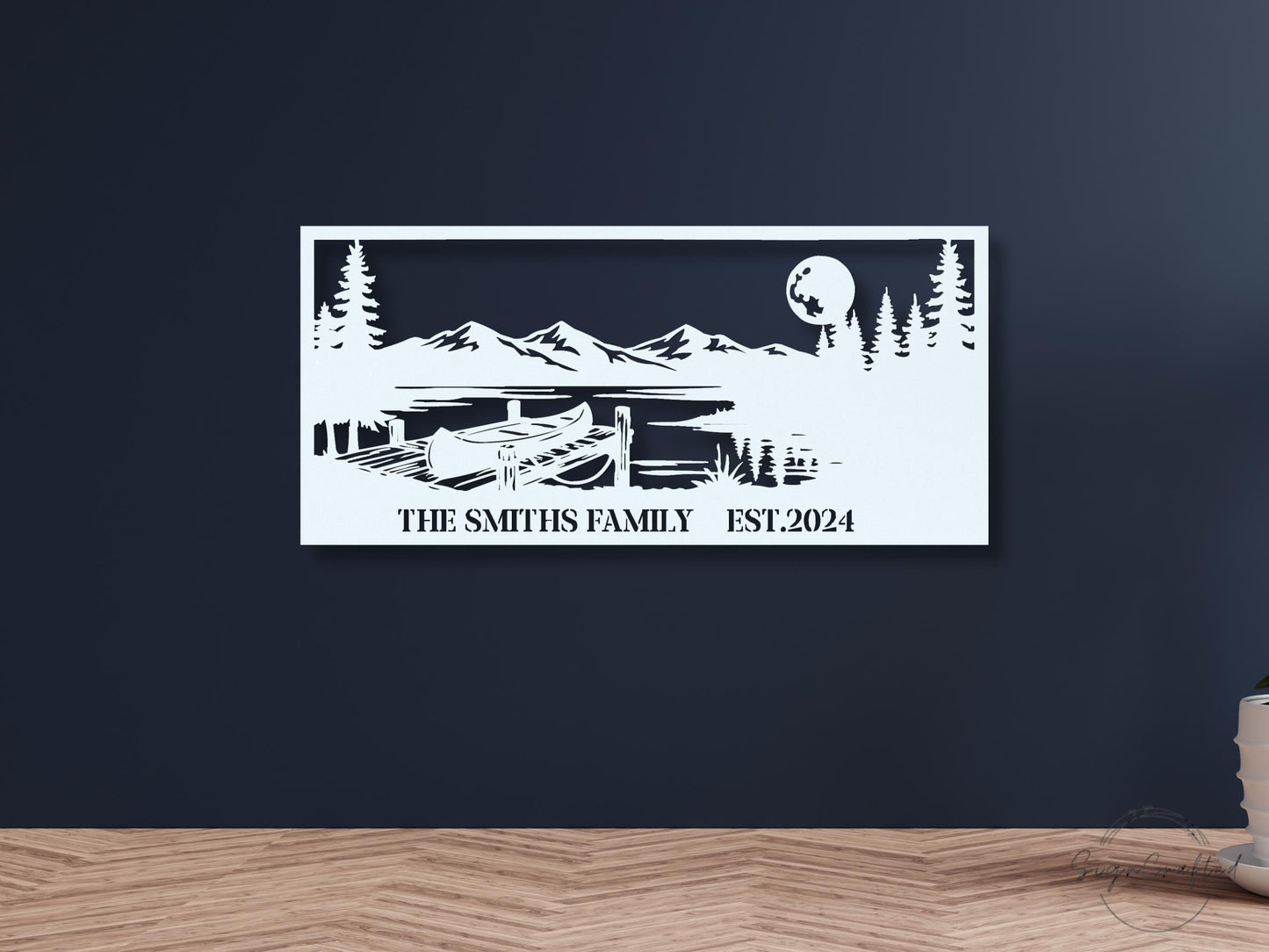 Personalized Canoe Dock Mountain Scene Metal Wall Art, Custom Family Name Lake House Decor