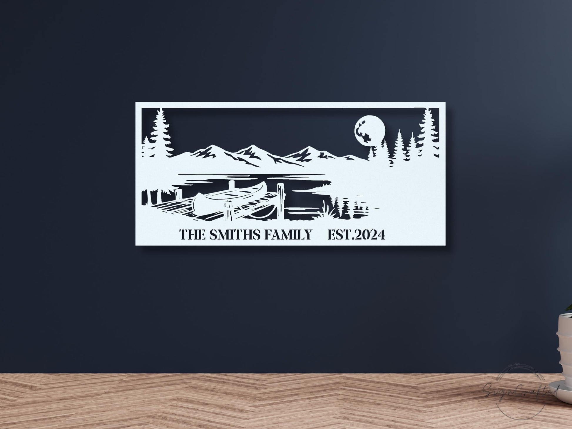 Personalized Canoe Dock Mountain Scene Metal Wall Art, Custom Family Name Lake House Decor