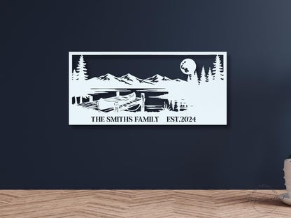 Personalized Canoe Dock Mountain Scene Metal Wall Art, Custom Family Name Lake House Decor