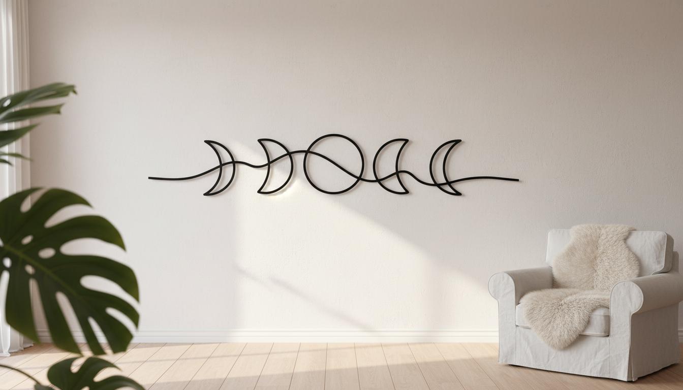 a minimalist living room with a white chair, a potted plant, and a wall art piece depicting a line of crescent moons.