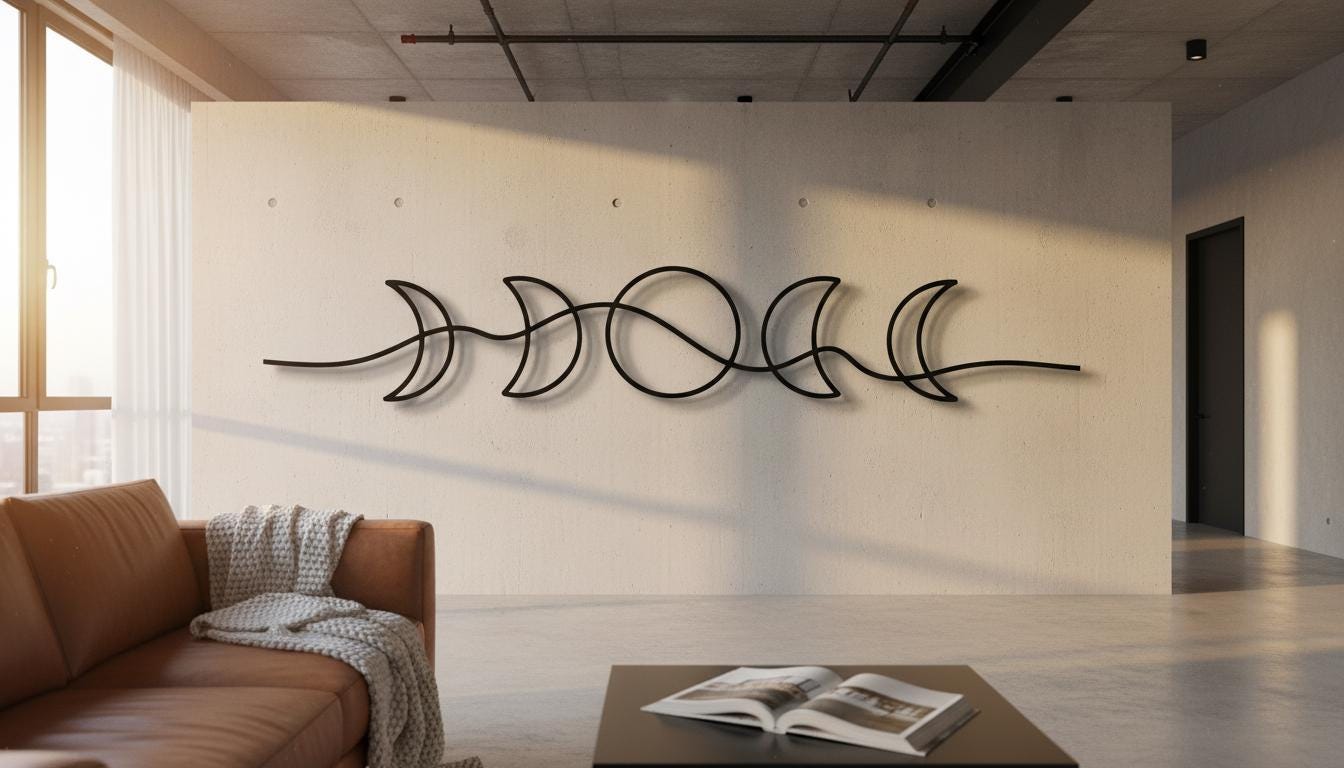 a modern living room with a large wall art piece depicting a line of crescent moons. The room is furnished with a brown leather couch and a coffee table with an open magazine.