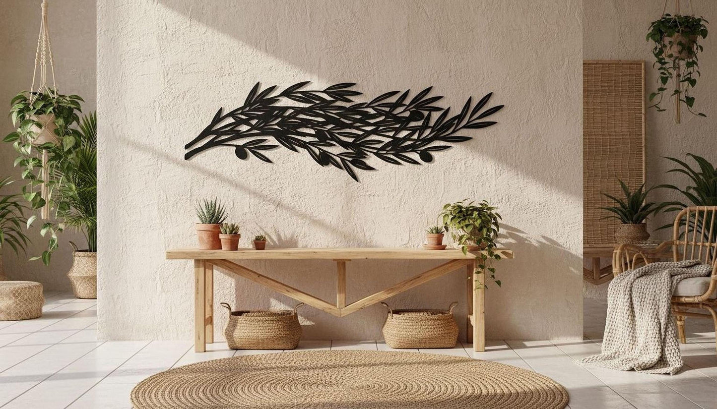 a modern and minimalist interior design with a large black leaf-shaped wall art piece, a wooden table with potted plants, and a woven chair.