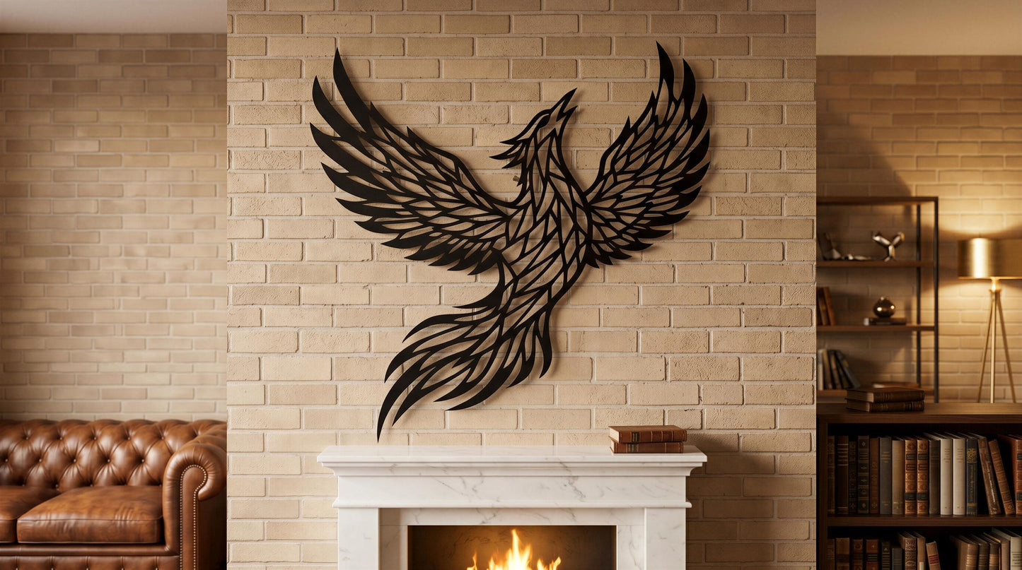 a living room with a fireplace, a leather couch, and a bookshelf filled with books. A large black bird sculpture with outstretched wings is mounted on the brick wall above the fireplace.