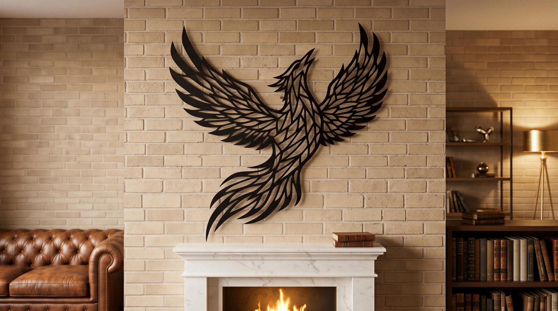 a living room with a fireplace, a leather couch, and a bookshelf filled with books. A large black bird sculpture with outstretched wings is mounted on the brick wall above the fireplace.
