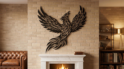 a living room with a fireplace, a leather couch, and a bookshelf filled with books. A large black bird sculpture with outstretched wings is mounted on the brick wall above the fireplace.