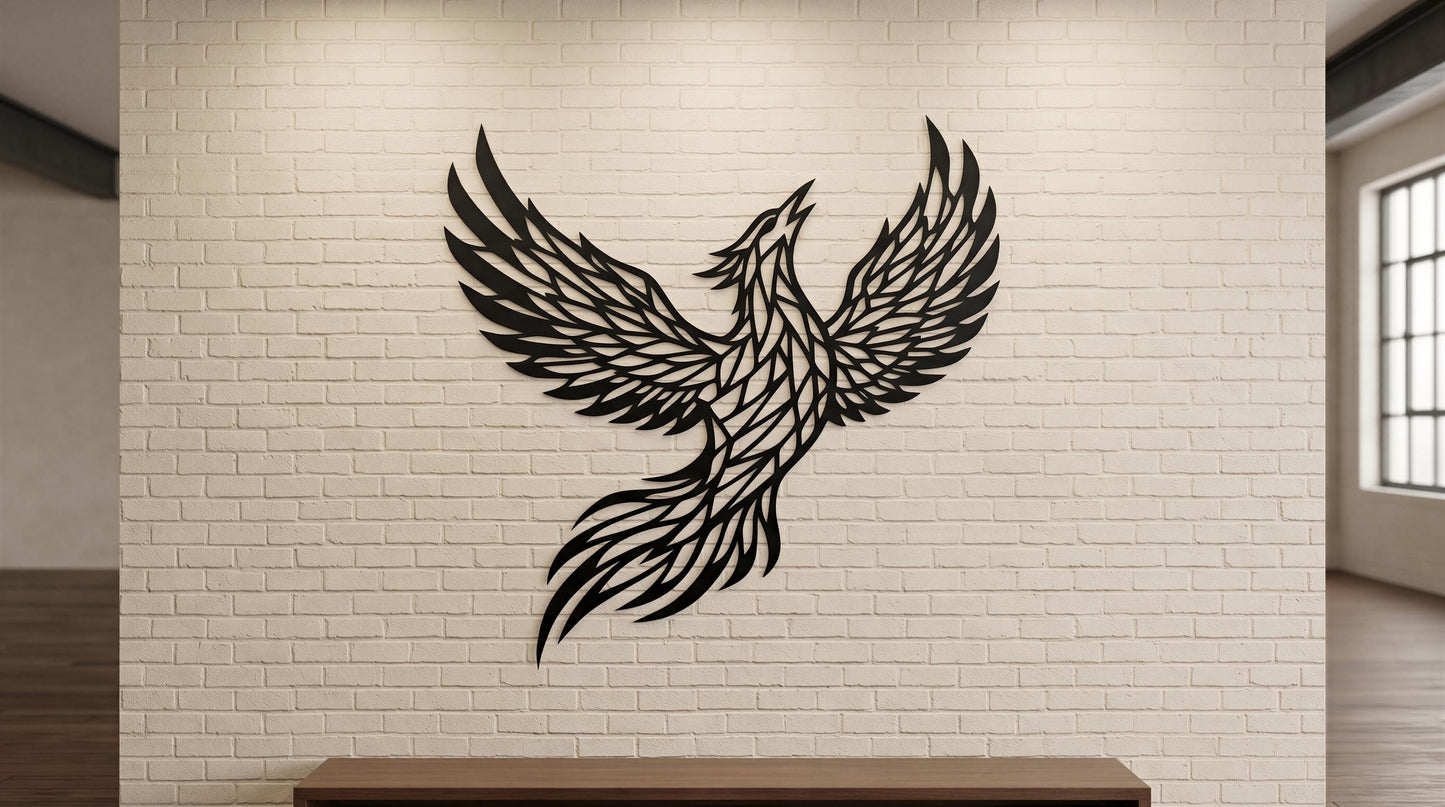 A black and white image of a stylized phoenix, a mythical bird, is mounted on a white brick wall.