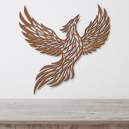 A wooden shelf against a white wall, with a large, intricate, and stylized bird-like design or sculpture mounted on the wall.