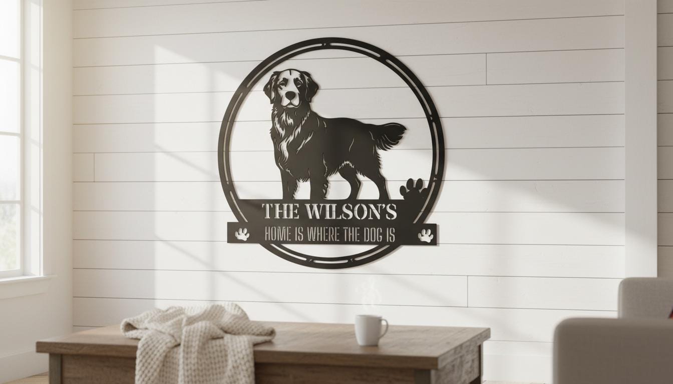 a wall art piece depicting a dog, with the text "The Wilson's home is where the dog is" below the dog.