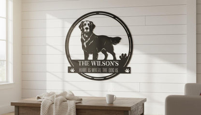 a wall art piece depicting a dog, with the text "The Wilson's home is where the dog is" below the dog.