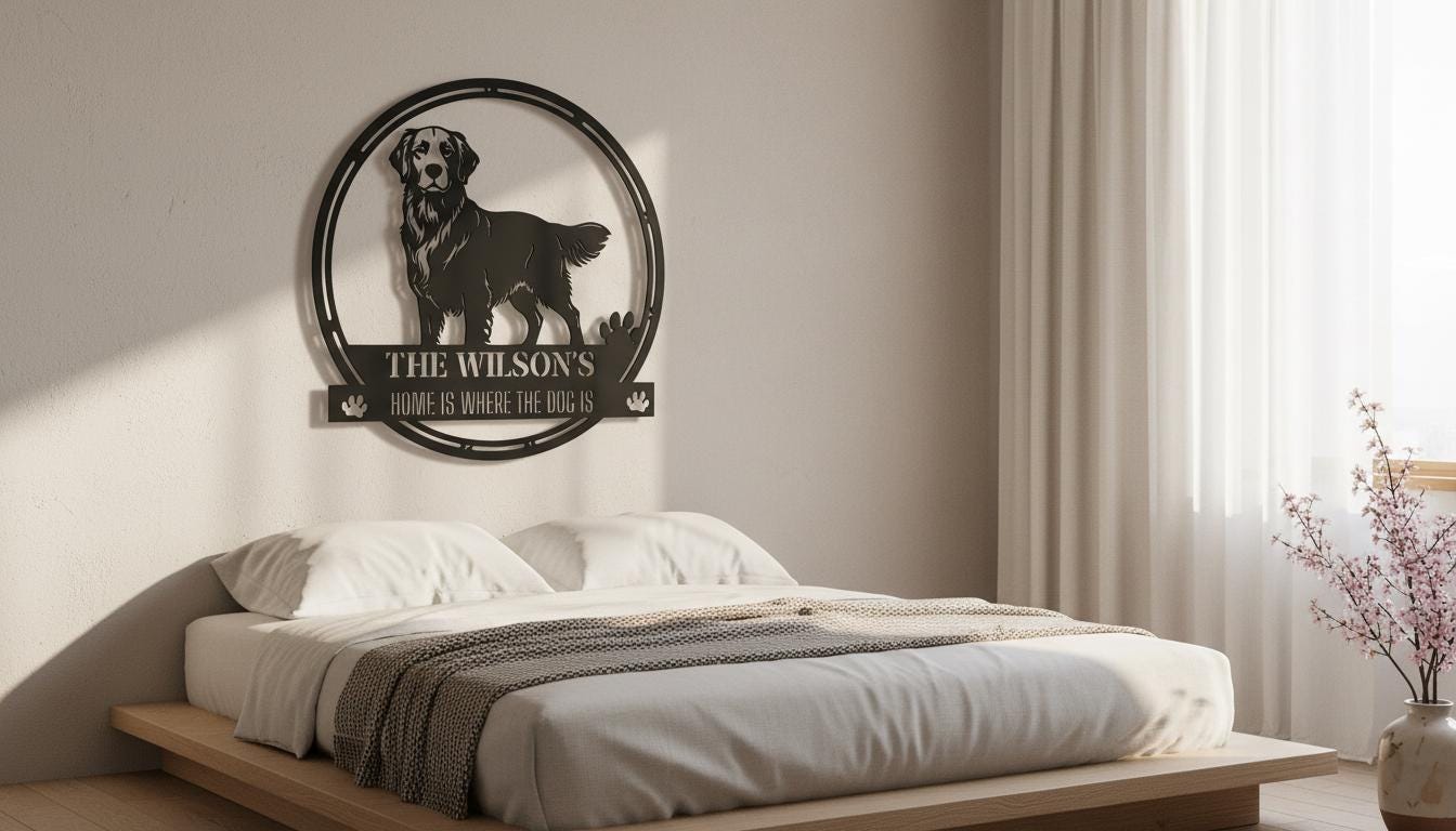 A bedroom with a bed, a wall-mounted metal sign featuring a dog, and a vase with flowers.