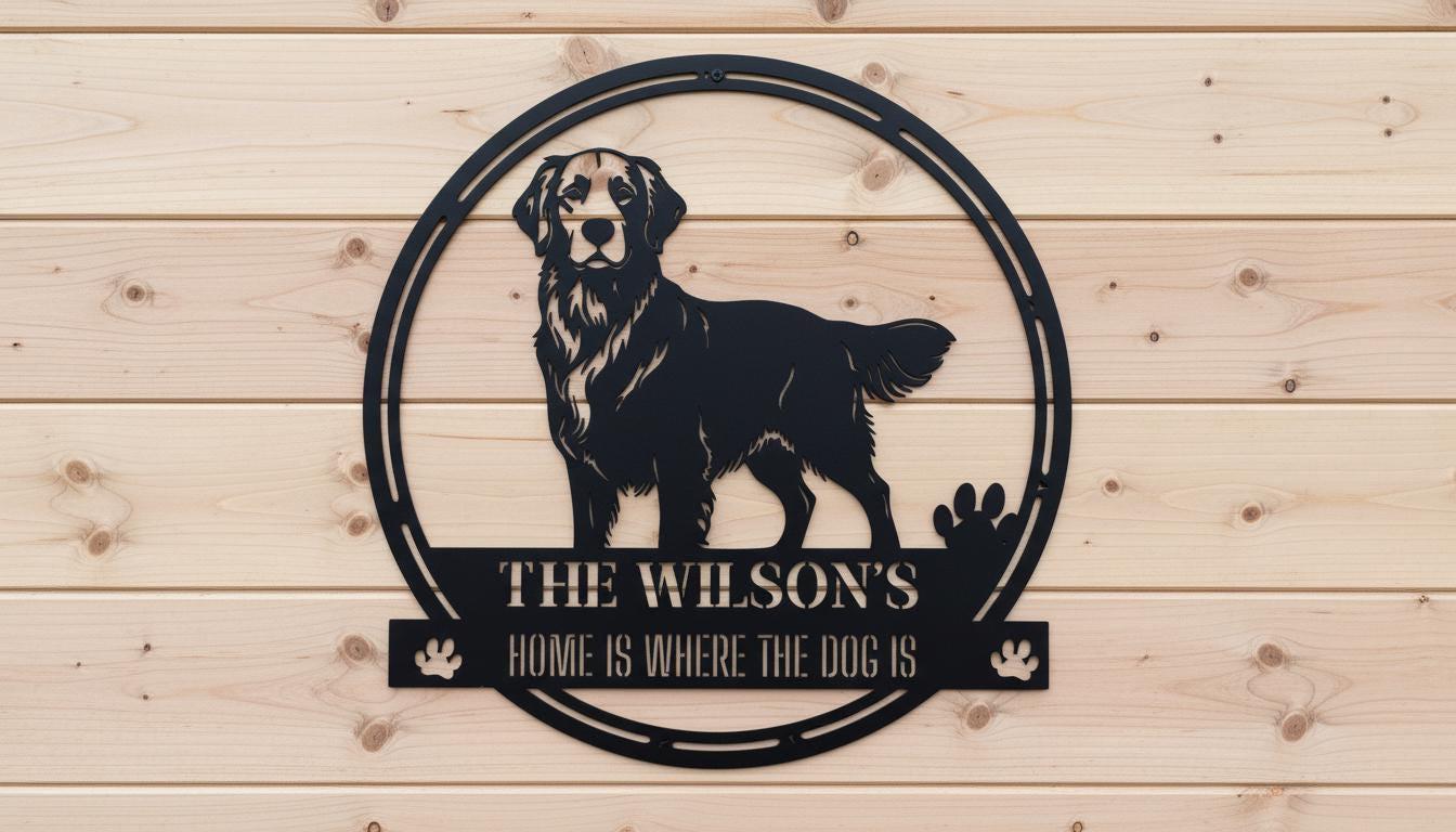 A black and white metal sign featuring a silhouette of a dog and the text "The Wilson's Home is where the dog is"