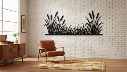 a living room with a brown leather armchair, a wooden side table, and a large wall art depicting reeds or grasses.