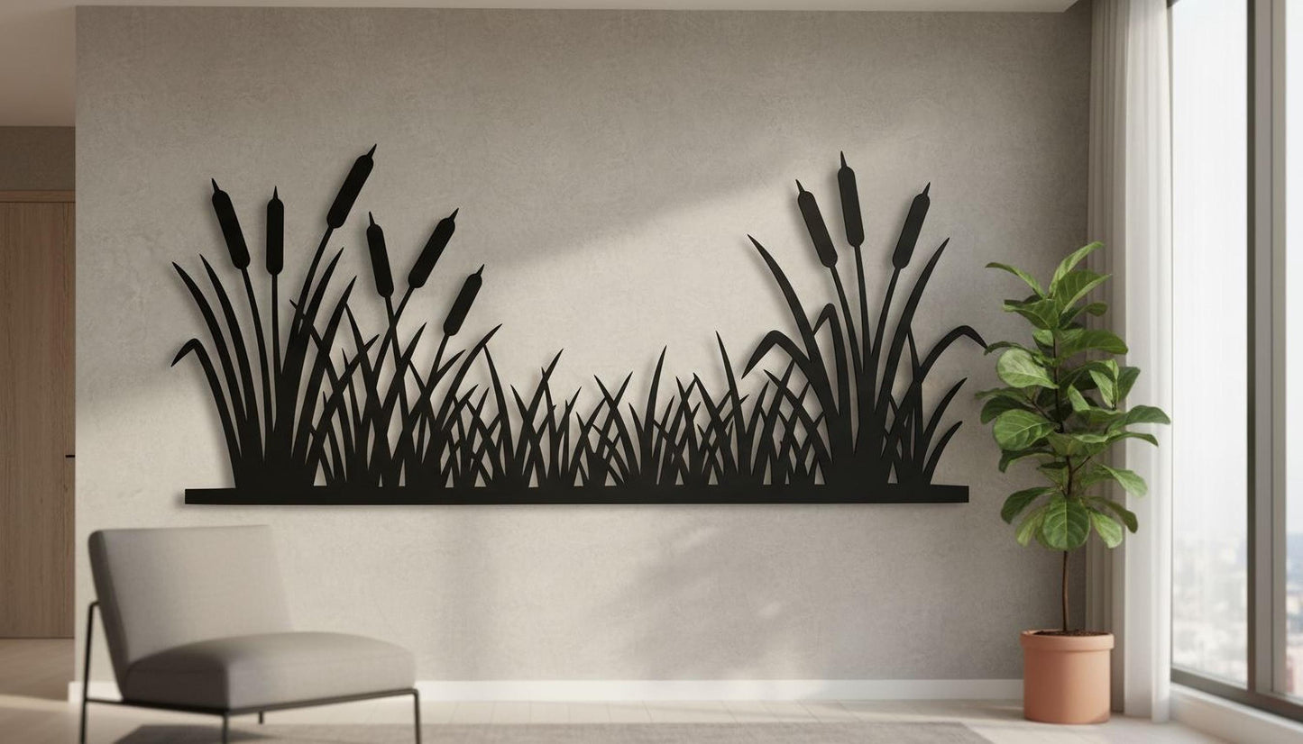 a wall with a large black silhouette of reeds or grasses, creating a striking visual element in the room. A gray chair is positioned in front of the wall, and a potted plant is located to the right of the chair, adding a touch of greenery to the space.