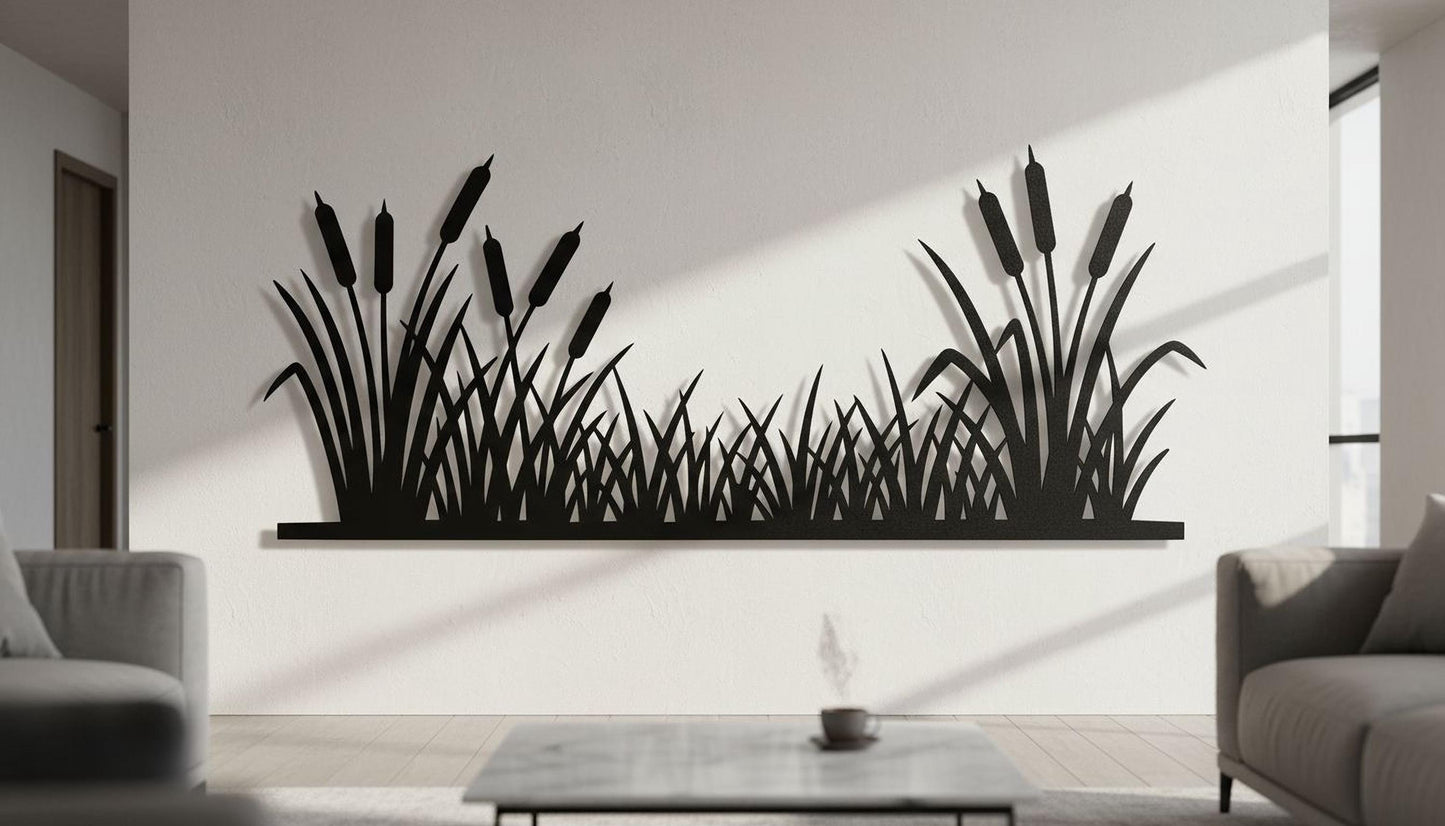 a wall art depicting reeds or grasses, with a coffee table in the foreground and two couches in the background.