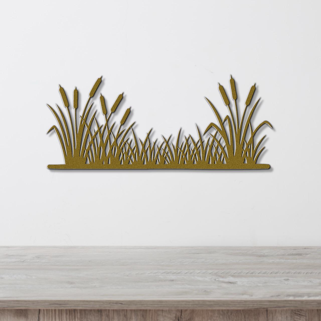 A wall-mounted wooden shelf with a decorative design of tall grasses or reeds on it.