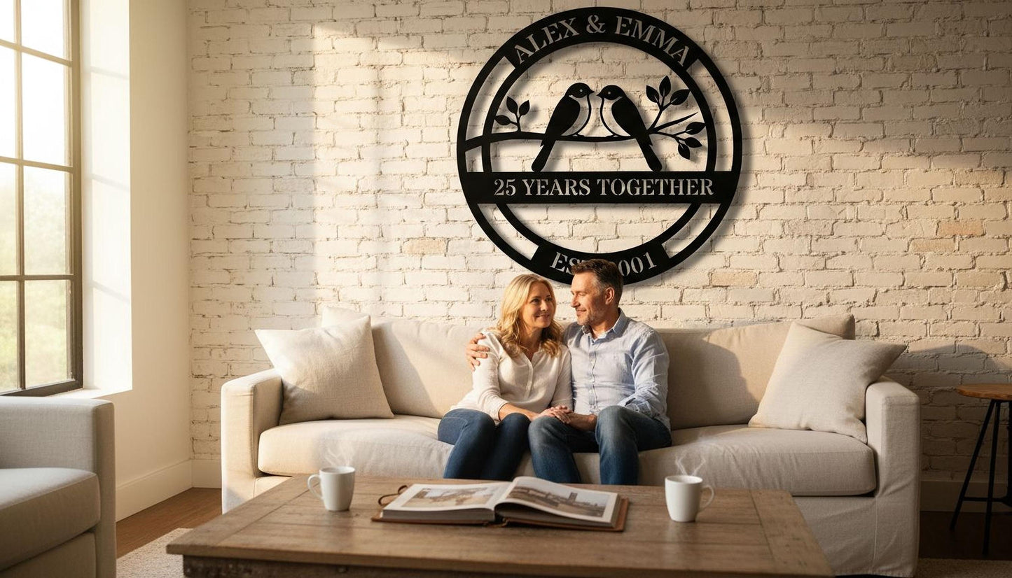 A couple sitting on a couch in a cozy living room, with a large metal sign above them that reads "Alex & Emma 25 YEARS TOGETHER EST. 2001".