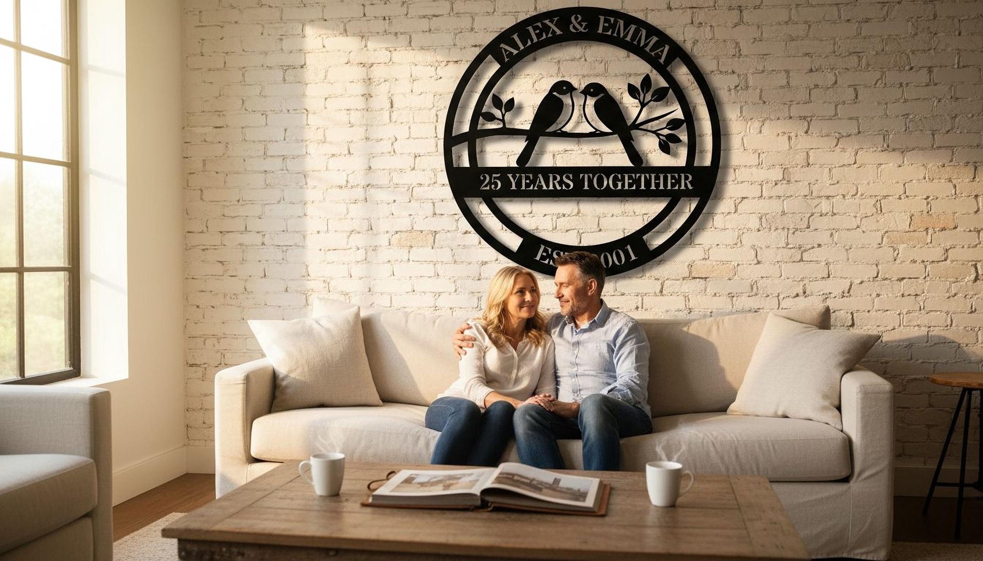 A couple sitting on a couch in a cozy living room, with a large metal sign above them that reads "Alex & Emma 25 YEARS TOGETHER EST. 2001".