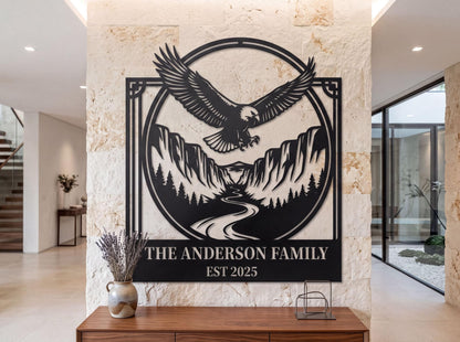 a wall art piece depicting an eagle soaring over a mountainous landscape, with the text "THE ANDERSON FAMILY EST 2025" below it.