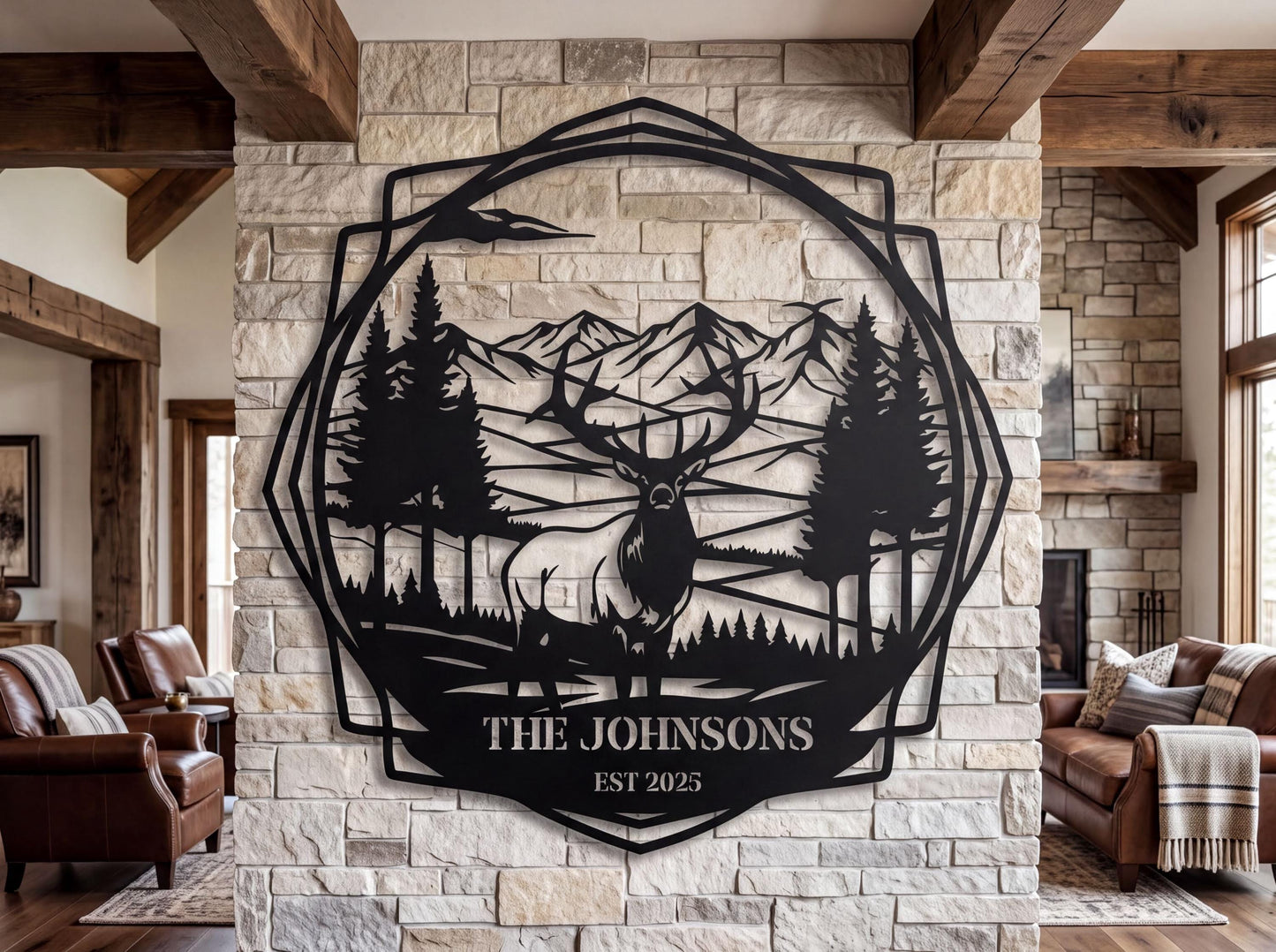 a large metal wall art depicting a deer in a forest setting, with mountains in the background. The text "THE JOHNSONS EST 2025" is displayed below the deer.