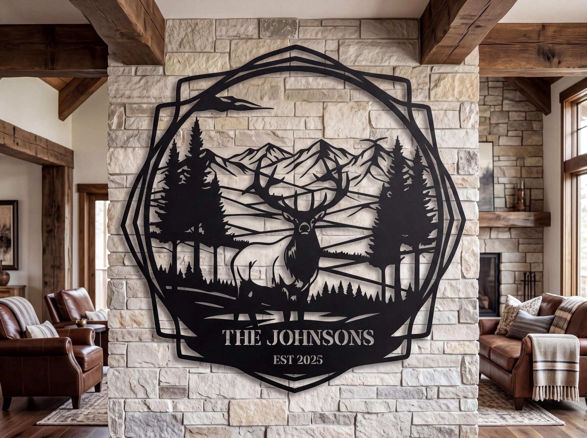 a large metal wall art depicting a deer in a forest setting, with mountains in the background. The text "THE JOHNSONS EST 2025" is displayed below the deer.