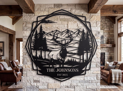 a large metal wall art depicting a deer in a forest setting, with mountains in the background. The text "THE JOHNSONS EST 2025" is displayed below the deer.