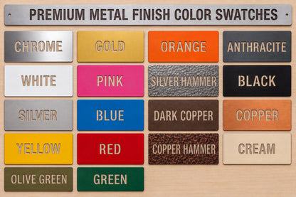 a collection of color swatches for premium metal finish color options, including chrome, gold, orange, antracite, white, pink, silver hammer, black, copper, yellow, red, copper hammer, and cream.