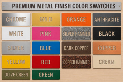 a collection of color swatches for premium metal finish color options, including chrome, gold, orange, antracite, white, pink, silver hammer, black, copper, yellow, red, copper hammer, and cream.