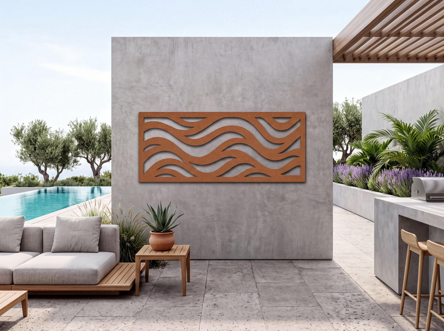 a modern outdoor patio area with a large wavy pattern on the wall, a pool, and a seating area with a couch and chairs.