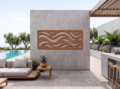 a modern outdoor patio area with a large wavy pattern on the wall, a pool, and a seating area with a couch and chairs.