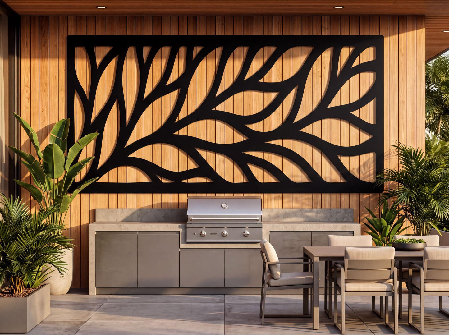 a modern outdoor kitchen with a large black leaf-shaped wall art piece above the grill, surrounded by potted plants and a dining table with chairs.