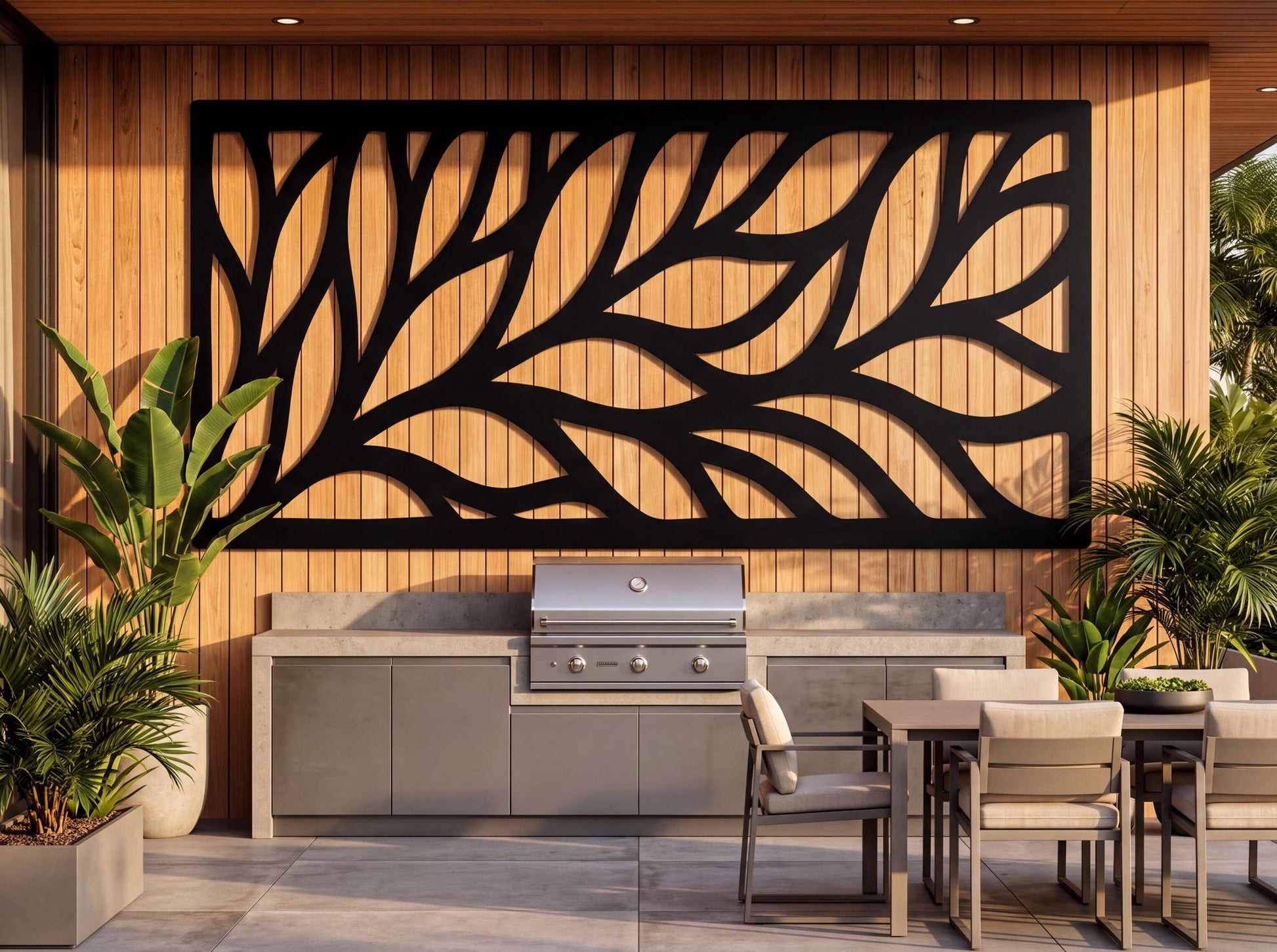 a modern outdoor kitchen with a large black leaf-shaped wall art piece above the grill, surrounded by potted plants and a dining table with chairs.