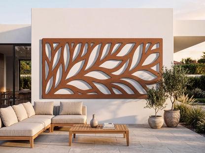 a modern outdoor living space with a large, leaf-shaped wall art piece as the focal point. The space includes a comfortable sofa, a coffee table, and potted plants, creating a cozy and inviting atmosphere.