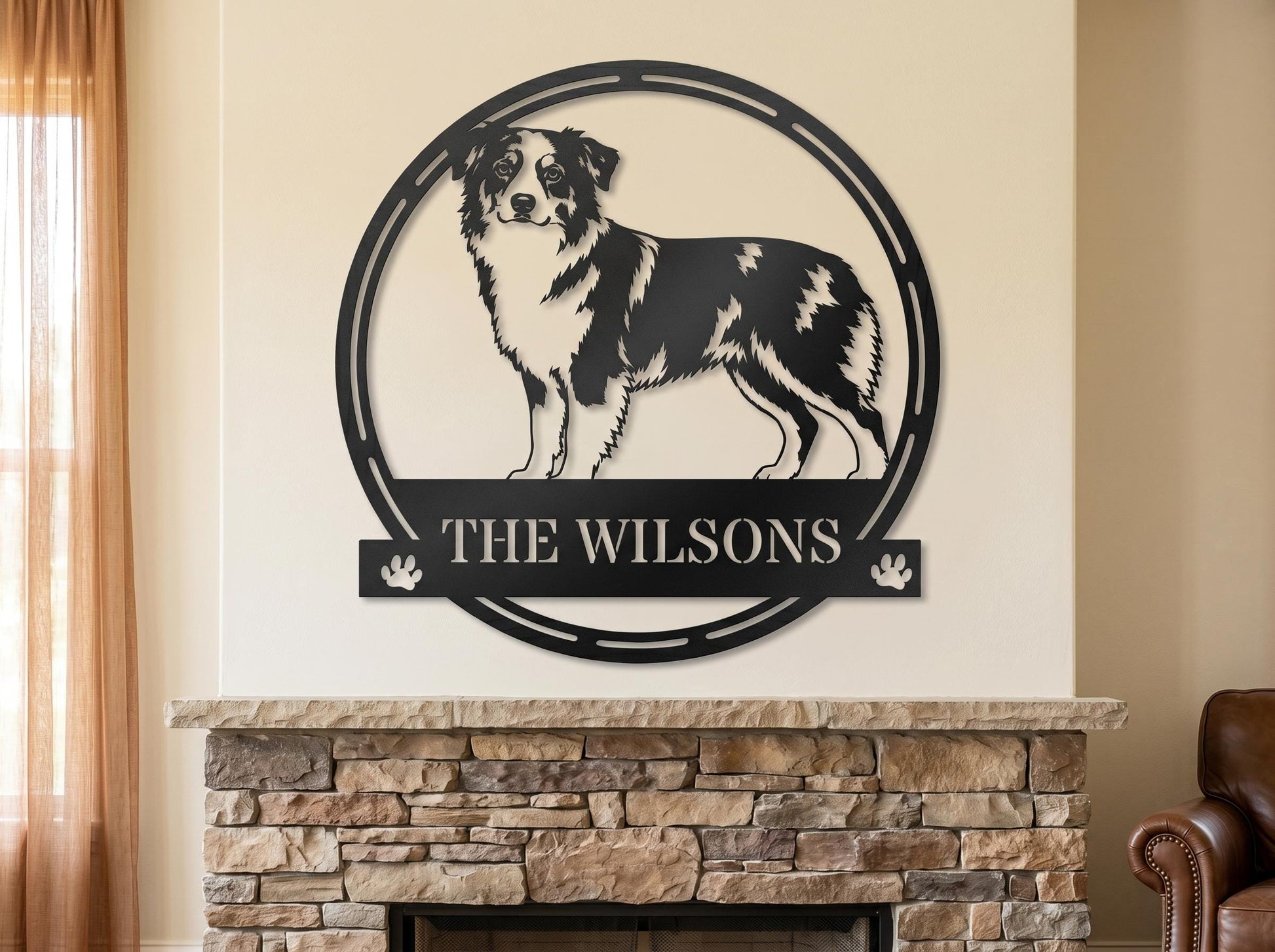 a black and white dog standing in a circular frame above a stone fireplace.