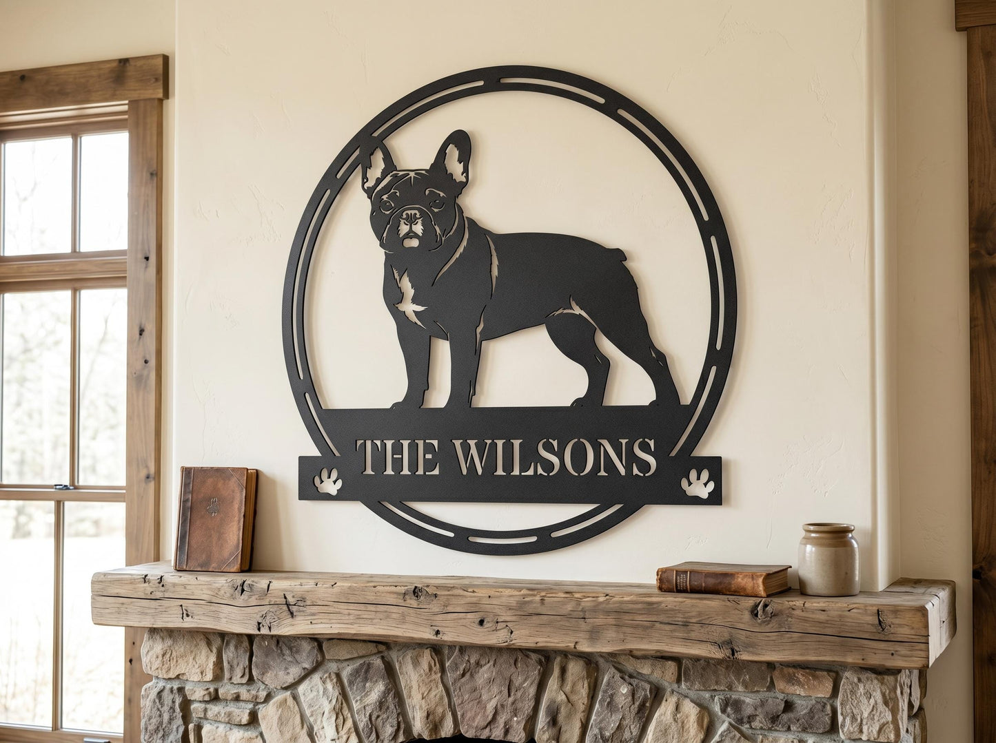 a black silhouette of a dog, specifically a bulldog, mounted on a wall above a wooden mantel.
