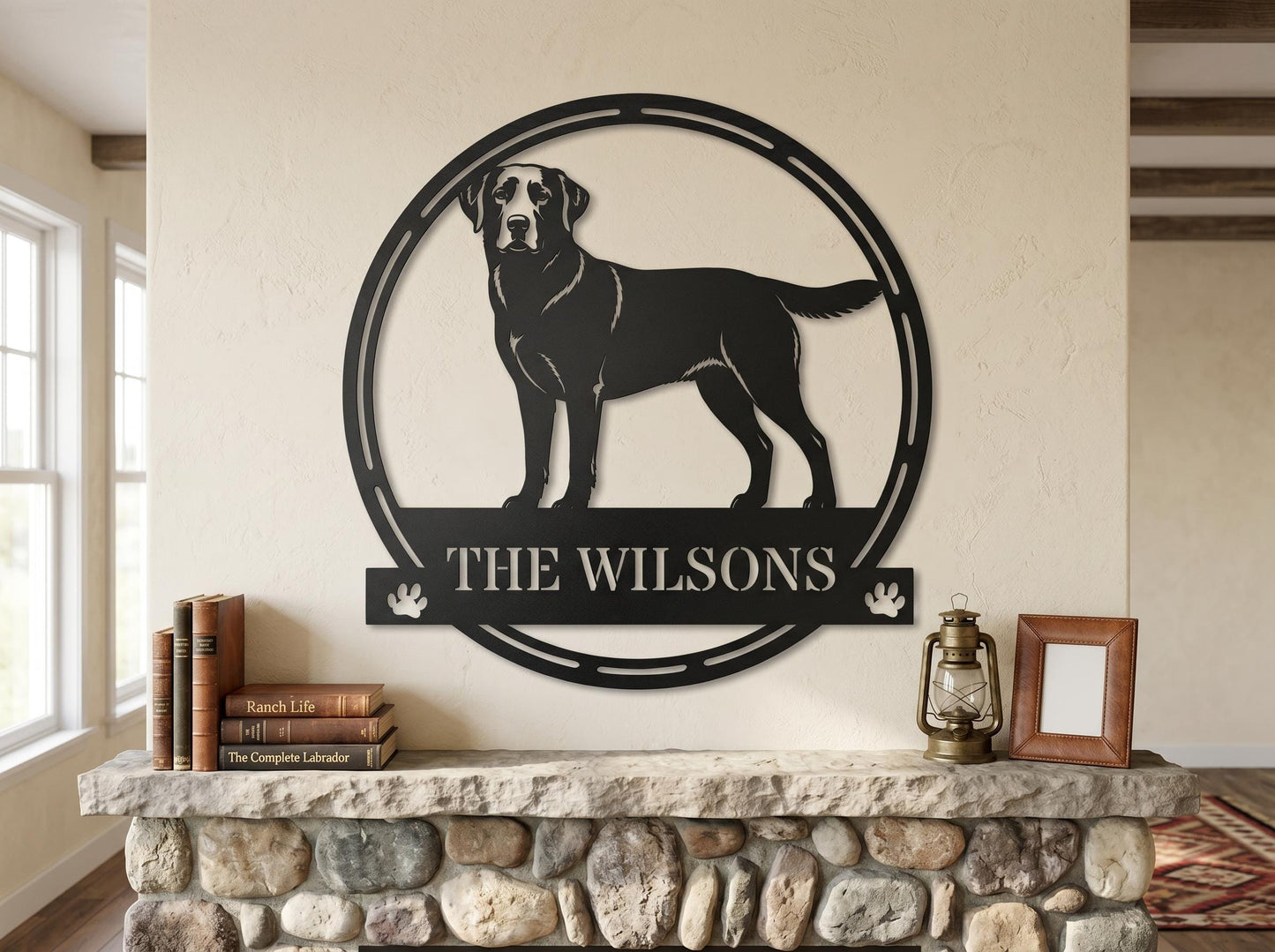 a black Labrador retriever standing in a circular frame on a wall, with a wooden mantle below it.