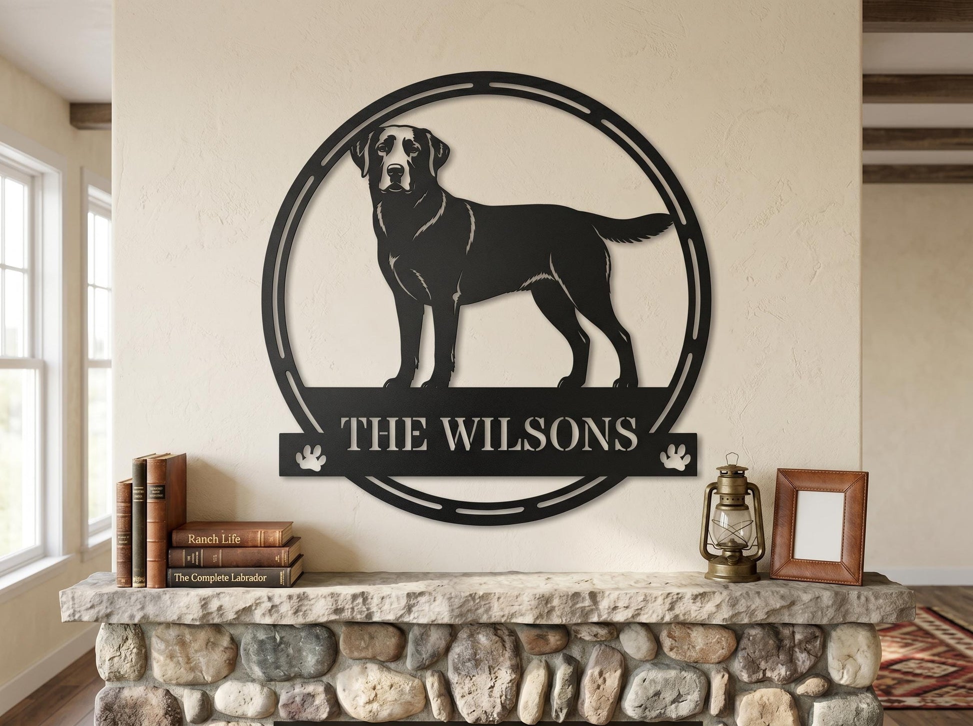 a black Labrador retriever standing in a circular frame on a wall, with a wooden mantle below it.