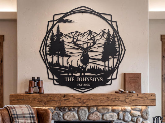 a wall art piece depicting a deer in a forest setting, with mountains in the background. The art piece is mounted above a wooden mantel with a stone fireplace.