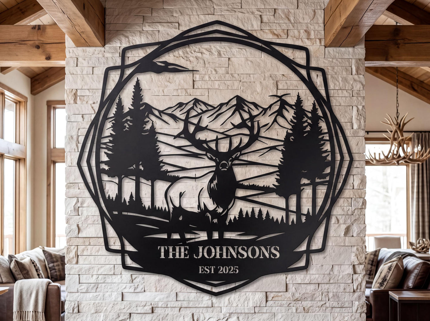 a large metal wall art depicting a deer in a forest setting, with mountains in the background. The text "THE JOHNSONS EST 2025" is displayed below the deer.