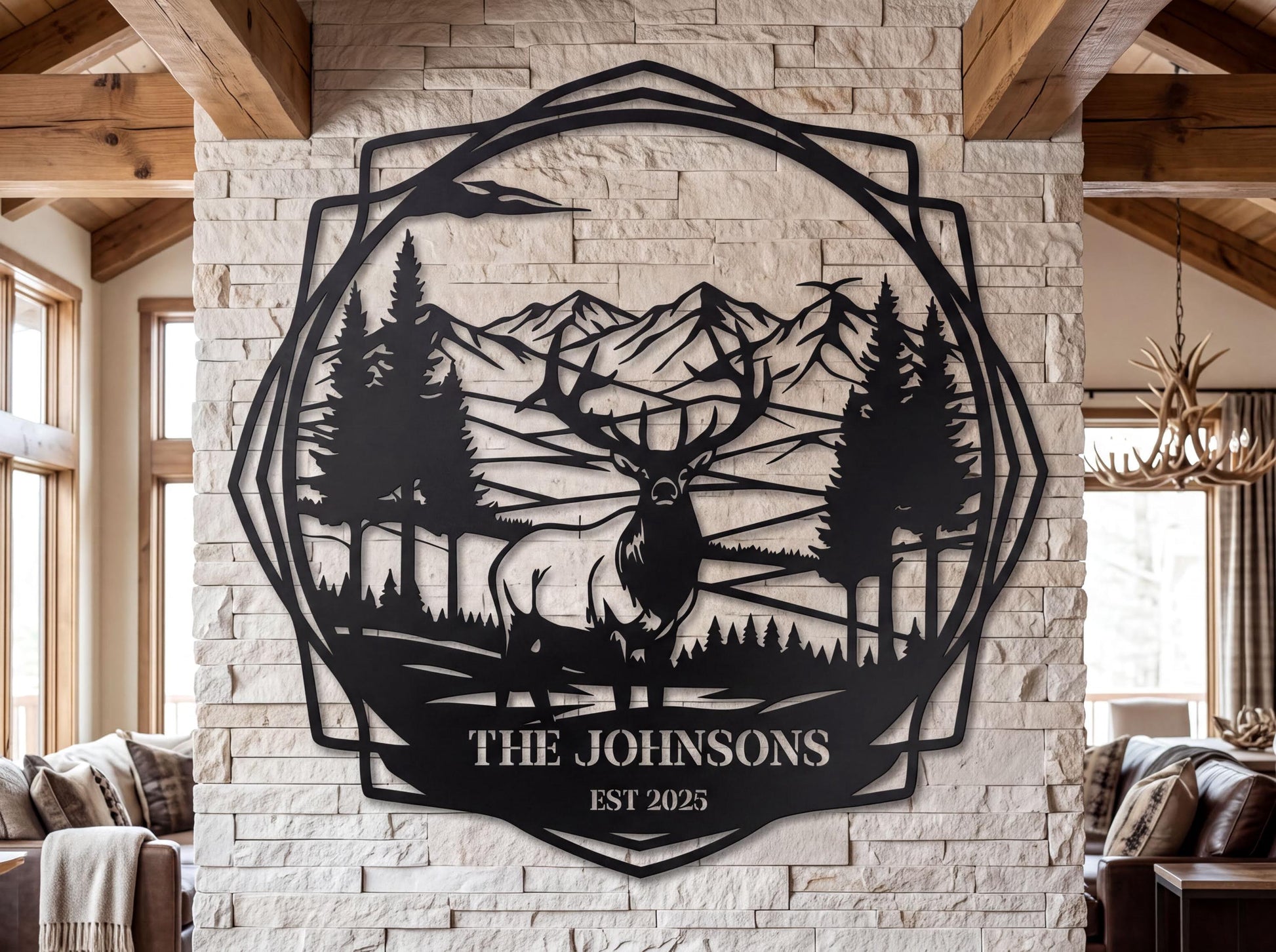 a large metal wall art depicting a deer in a forest setting, with mountains in the background. The text "THE JOHNSONS EST 2025" is displayed below the deer.