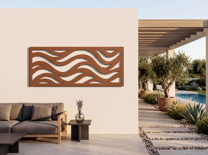 a modern outdoor living space with a pool, patio furniture, and a decorative wall art piece.