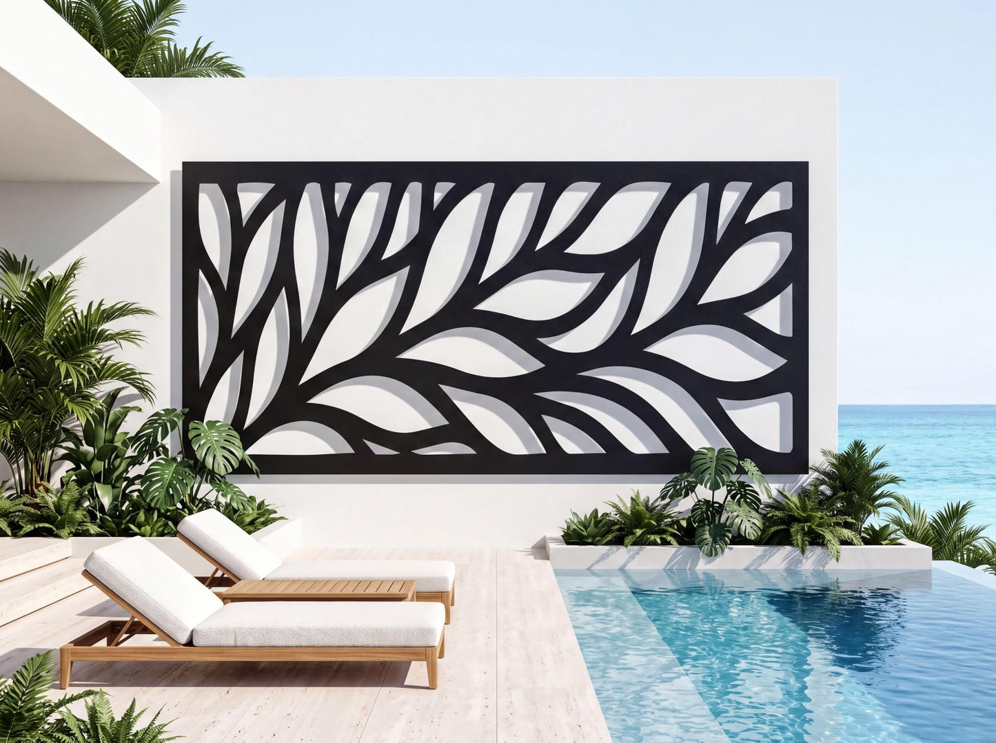 a modern outdoor pool area with a large black and white leaf-like design on the wall behind it, creating a striking visual contrast. The pool area is furnished with two white lounge chairs, and the scene is surrounded by lush tropical plants, including palm trees, which add to the serene and relaxing atmosphere.