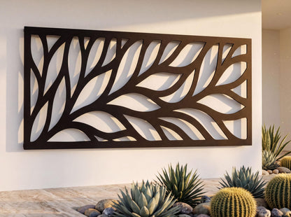 a modern outdoor wall art piece with a leaf-like design, mounted on a white wall. The art piece is surrounded by various potted plants, creating a visually appealing and harmonious outdoor space.