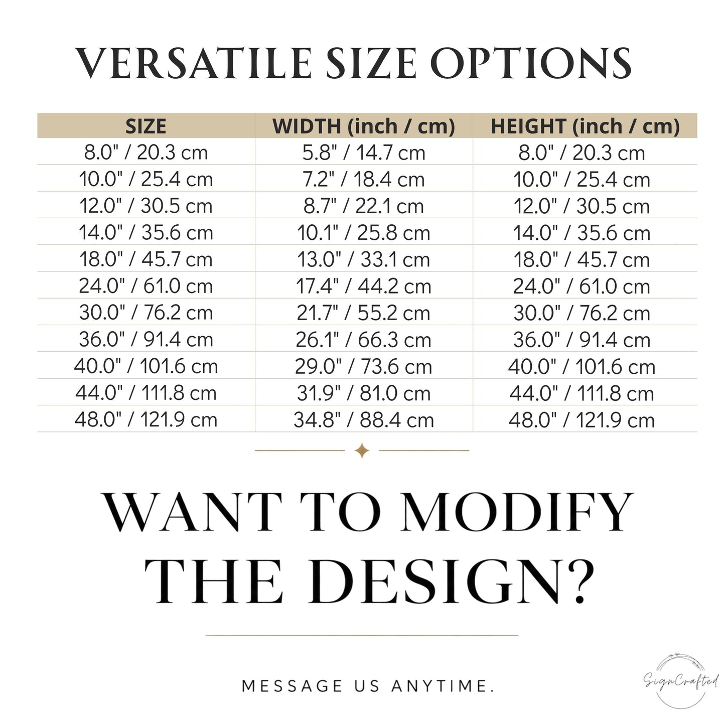 a table with various size options and corresponding widths and heights in inches and centimeters. The table provides a visual representation of the different size options available, allowing users to choose the most suitable size for their design. The message at the bottom encourages users to modify the design, but it does not provide specific guidance on how to do so.
