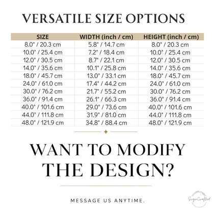 a table with various size options and corresponding widths and heights in inches and centimeters. The table provides a visual representation of the different size options available, allowing users to choose the most suitable size for their design. The message at the bottom encourages users to modify the design, but it does not provide specific guidance on how to do so.
