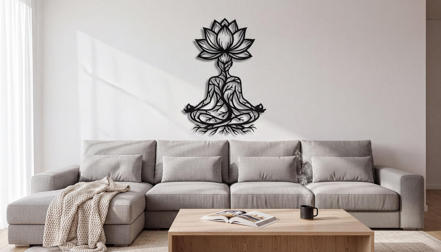 a living room with a gray sofa, a coffee table, and a wall art piece depicting a lotus flower.