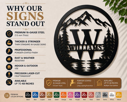 The image is an advertisement for a personalized sign that features a mountain landscape with the name 'Williams' prominently displayed. The sign is made of premium 16-gauge steel and is available in various sizes up to 48 inches. The sign is designed to be durable and weather-resistant, with a professional finish. It is also available in multiple colors, including black, blue, copper, gold, green, orange, pink, red, silver, and white.