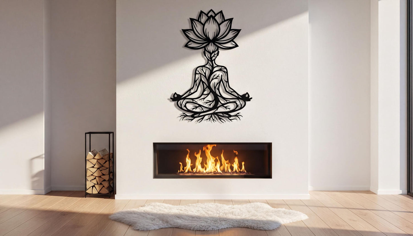 a minimalist living room with a white wall, a fireplace, and a black metal sculpture of a lotus flower above it.