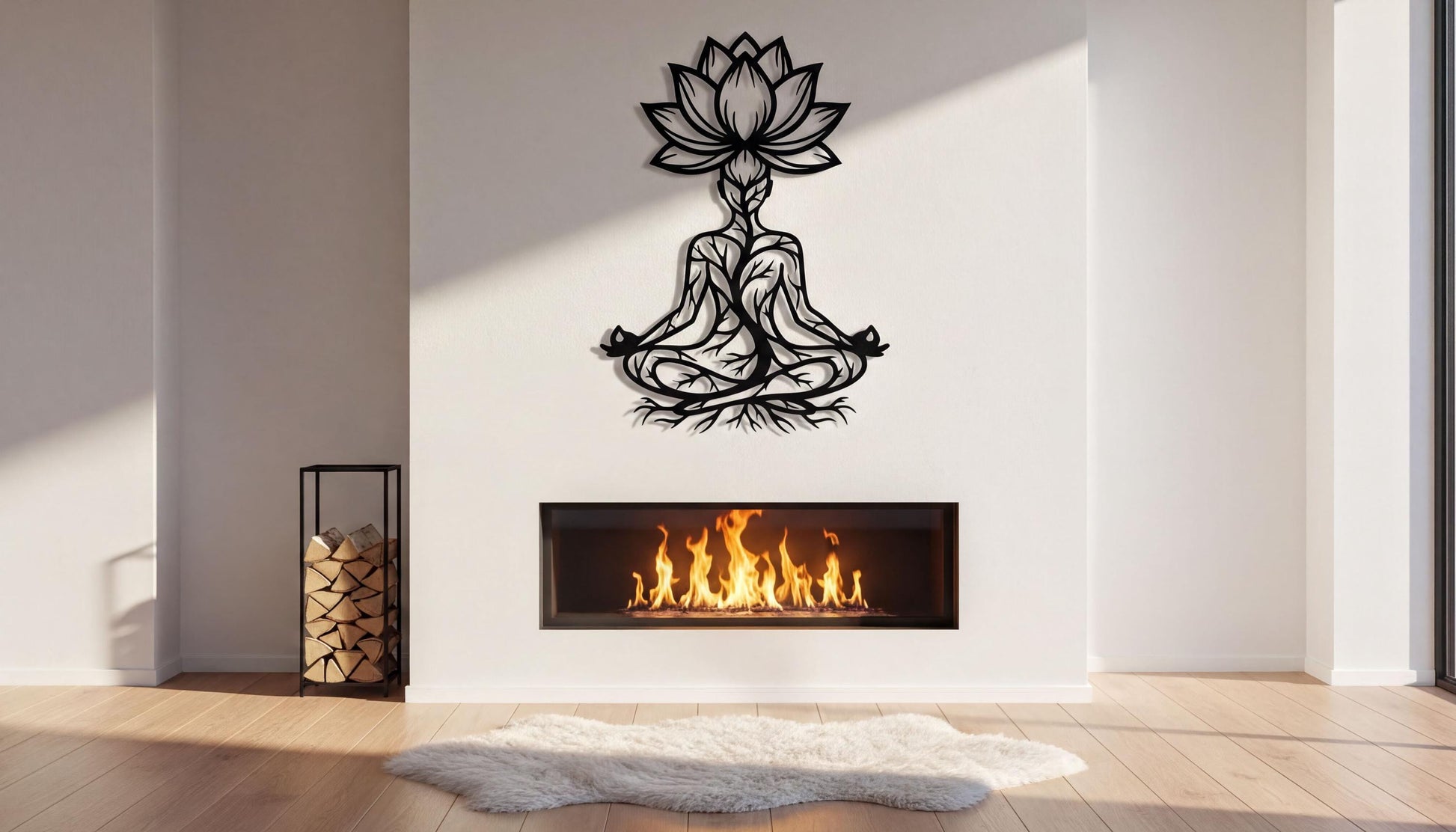 a minimalist living room with a white wall, a fireplace, and a black metal sculpture of a lotus flower above it.