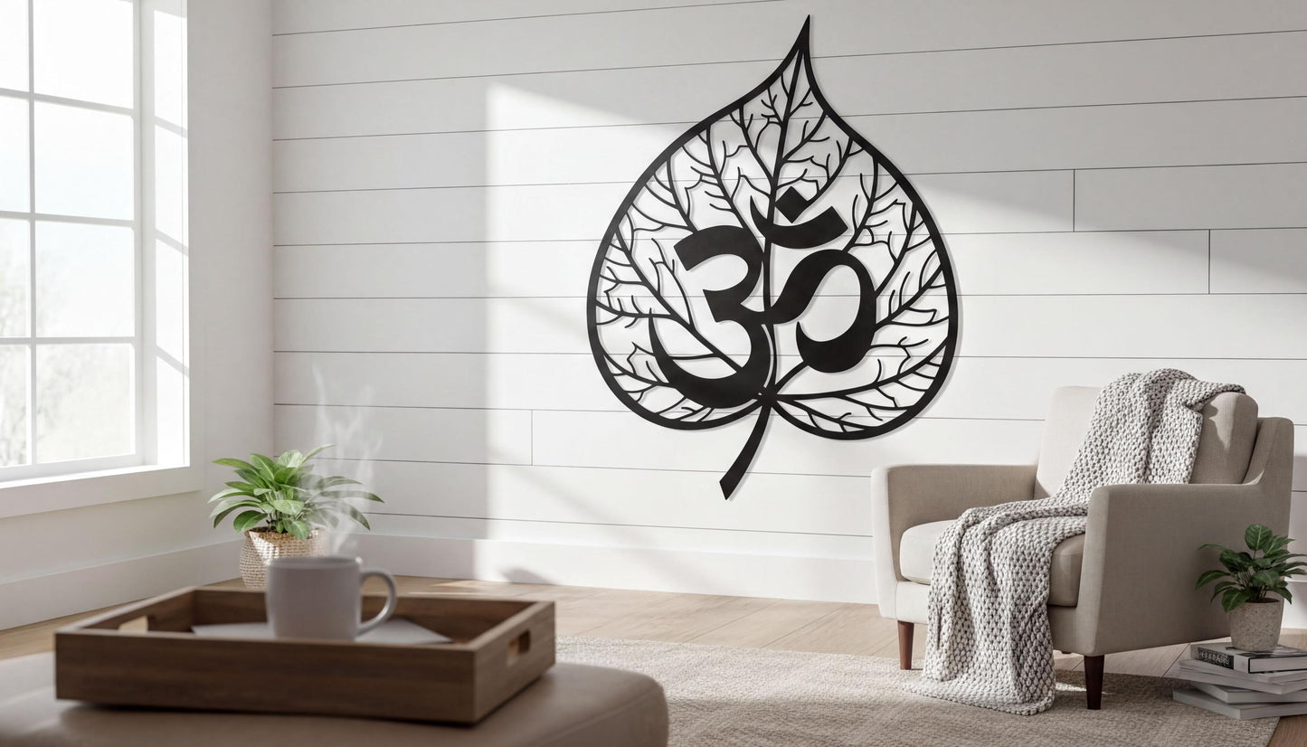 a living room with a large wall decal of a leaf-shaped Om symbol, a popular symbol in Hinduism and yoga. The room has a wooden coffee table, a comfortable chair, and a potted plant, creating a cozy and inviting atmosphere.