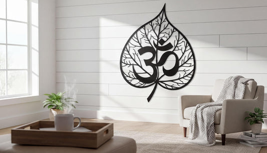 a living room with a large wall decal of a leaf-shaped Om symbol, a popular symbol in Hinduism and yoga. The room has a wooden coffee table, a comfortable chair, and a potted plant, creating a cozy and inviting atmosphere.